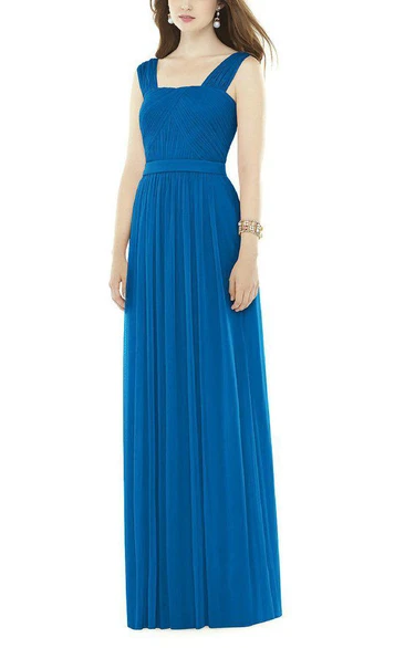 Square Neck Ruched Chiffon Long Bridesmaid Dress