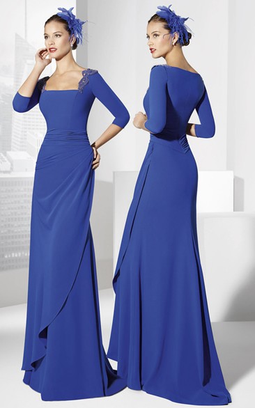 Sheath Square-Neck Floor-Length Half-Sleeve Side-Draped Jersey Prom Dress