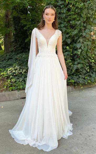 Sexy A Line Chiffon V-neck Court Train Wedding Dress with Ruching