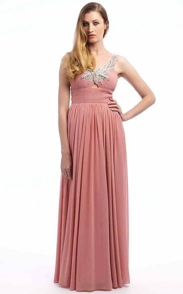 Beaded Sleeveless Strapped Long Chiffon Prom Dress With Pleats