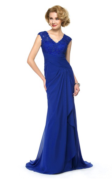 Elegant Chiffon and Lace Sheath V-Neck Cap Sleeve Keyhole Dress