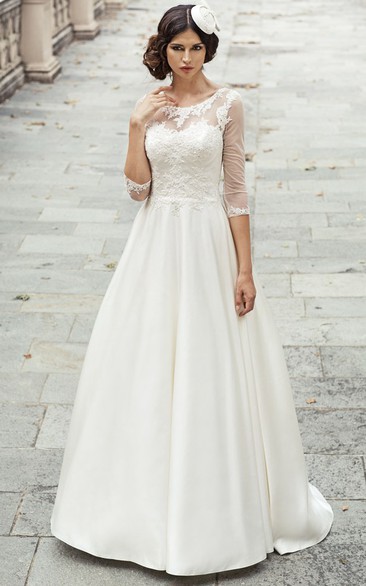 A-Line Long 3-4-Sleeve Appliqued Scoop-Neck Satin&Lace Wedding Dress