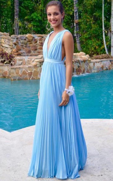 Newest Deep V-neck A-line Prom Dress Sleeveless Floor-length