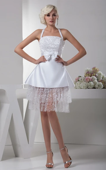 Haltered Short A-Line Satin Stress and Dress With Bow