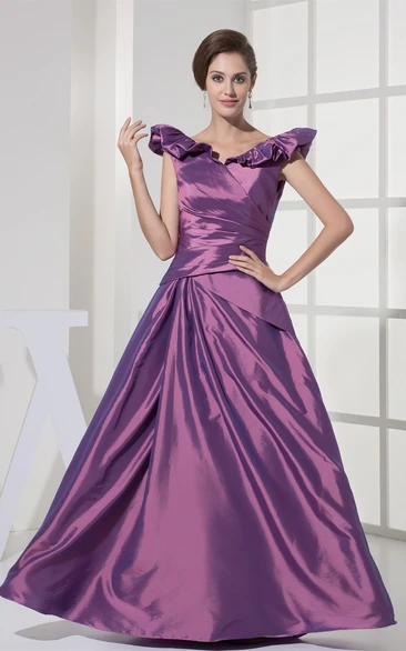 Satin Draped A-Line Gown With Ruffled V Neckline