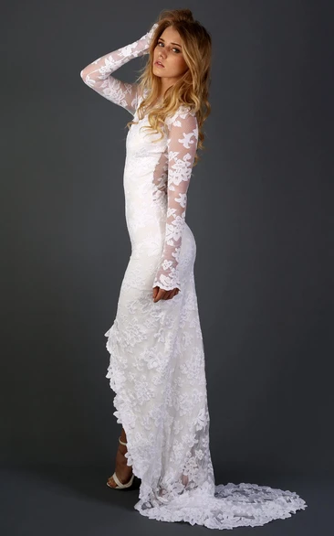 Long Sleeve Chapel Train Lace Dress With Appliques Flower