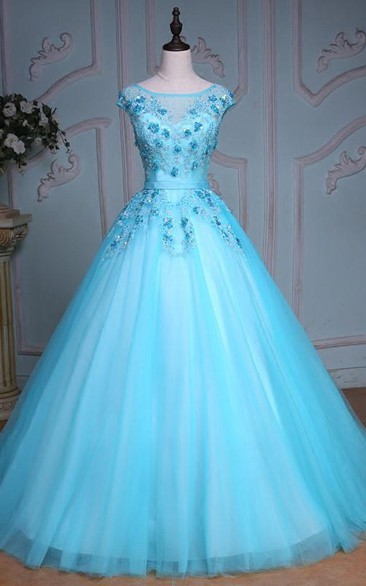 Ball Gown Tea-Length Bell Cap Bat Beading Appliques Court Train Corset Back Tulle Lace Sequins Dress