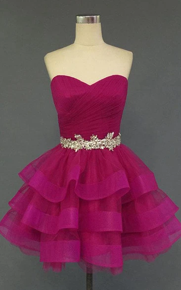 Sweetheart Ruched Tiered Short Organza Dress With Beading 