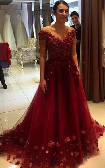 Glamorous Off-the-Shoulder Burgundy A-Line Prom Dresses Tulle Appliques