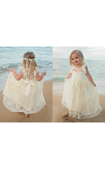 Flower Girl Scoop Neckline Allover Lace Floor Length Dress