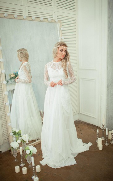 Jewel Neck Long Sleeve A-Line Lace and Chiffon Dress With Illusion Back