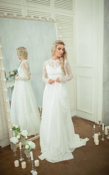 Jewel Neck Long Sleeve A-Line Lace and Chiffon Dress With Illusion Back