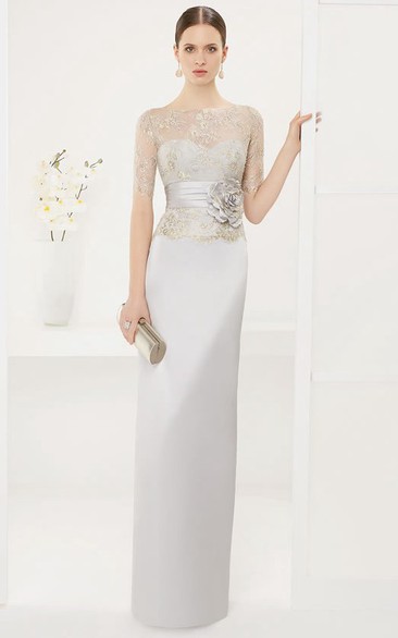 Bateau Short Sleeve Sheath Satin Long Dress With Lace Top And Flower