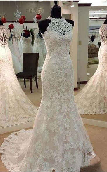 Vintage Illusion High Neck Sleeveless Full Lace Mermaid Wedding Dress