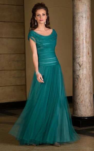 Cap-Sleeved Long Tulle Mother Of The Bride Dress With Ruches And Beadings