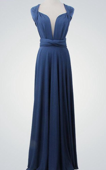 Cap Sleeve V Neck A-line Pleated Chiffon Long Dress With Bandage