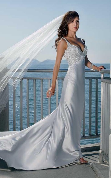 sheath Spaghetti Straps V-neck Elatic Woven Satin Wedding Dress