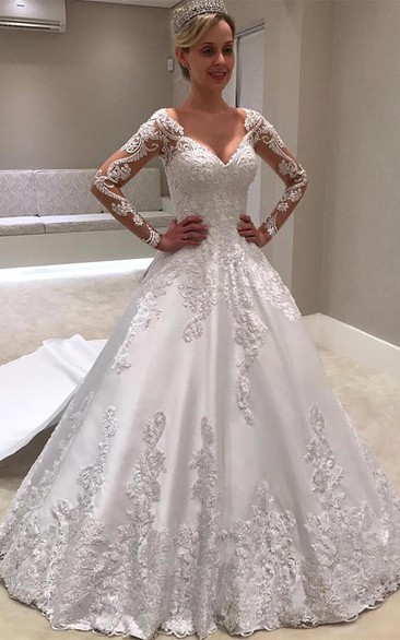 Elegant V-neck Ball Gown Court Train Satin Wedding Dress with Appliques