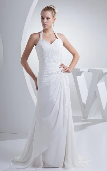 Chiffon Appliqued Floor-Length Ruched Dress With Jeweled Halter