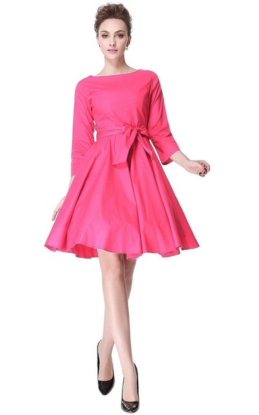 3-4 Sleeve Knee-length Dress with Bow Waist