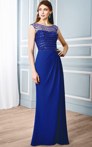 Sheath Bateau Long Side-Draped Cap-Sleeve Chiffon Formal Dress With Illusion Back And Beading