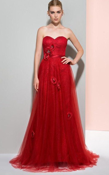 A-Line Sweetheart Beading Crystal Court Train Prom Dress