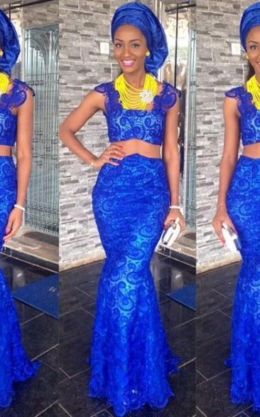 Gorgeous Royal Blur Two Pieces Evening Dress Mermaid Lace