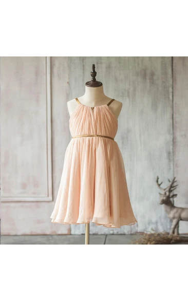 Spaghetti Straps Pleated A-line Chiffon Short Dress With V-back