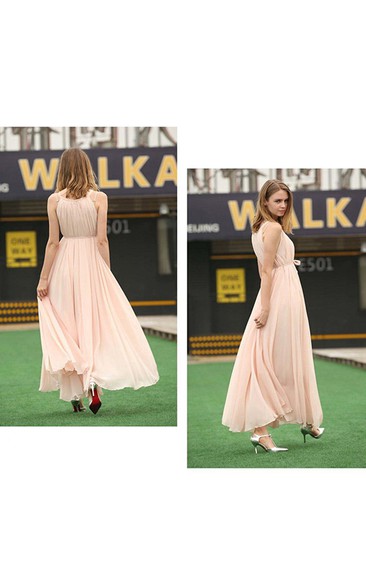 A-line Floor-length Halter sleeveless Chiffon Pleats Dress