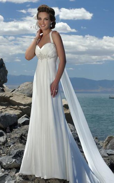 Empire Waist Spaghetti Straps Brush Train Chiffon Beach Wedding Dress