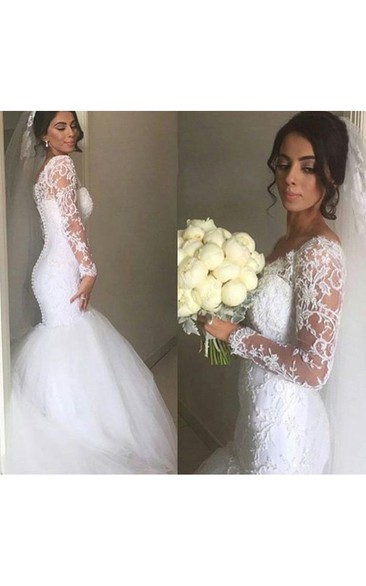 Gorgeous Off-shoulder V Neck Lace Mermaid Gown With Long Sleeves