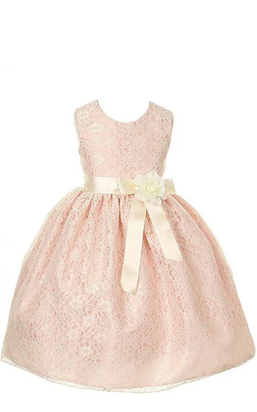 Sleeveless A-line Lace Dress With Floral Sash