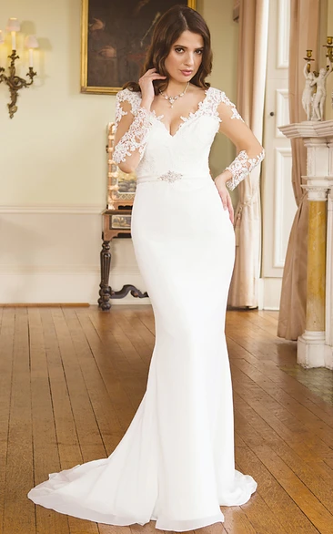 Mermaid Maxi V-Neck Illusion Sleeve Appliqued Chiffon Wedding Dress