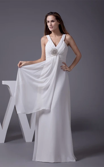 Sleeveless V-Neck A-Line Floor Length Dress With Side Draping and Flowered Beadings