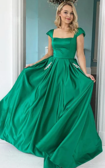 Modern Satin A Line Square Short Sleeve Prom Guest Evening Formal Dress