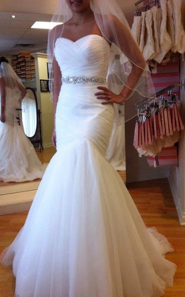 Mermaid Sleeveless Sweetheart Brush Train Beading Tulle Wedding Dresses