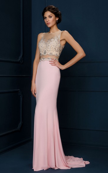 Sheath Appliqued Sleeveless Bateau Neck Chiffon Evening Dress