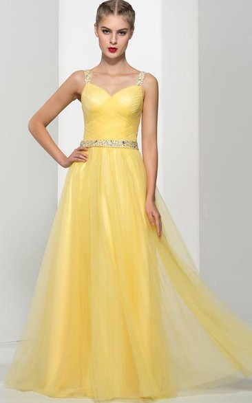 Straps Beading Pleats Hollow Prom Dress