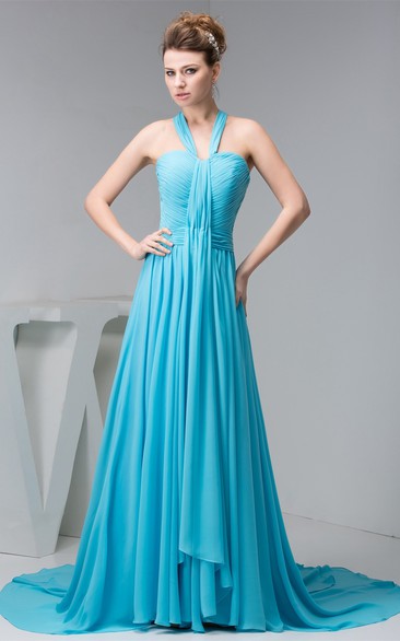 Sleeveless Chiffon Criss-Cross Halter and Dress With Pleats