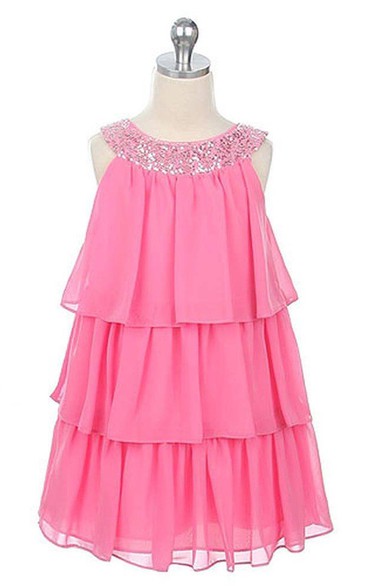 Sleeveless Tiered Dress With Sequined Neckline