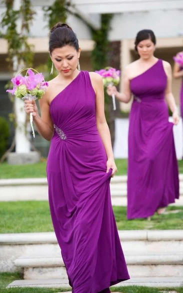 One-shoulder Floor-length Long Side Beaded Chiffon Dress