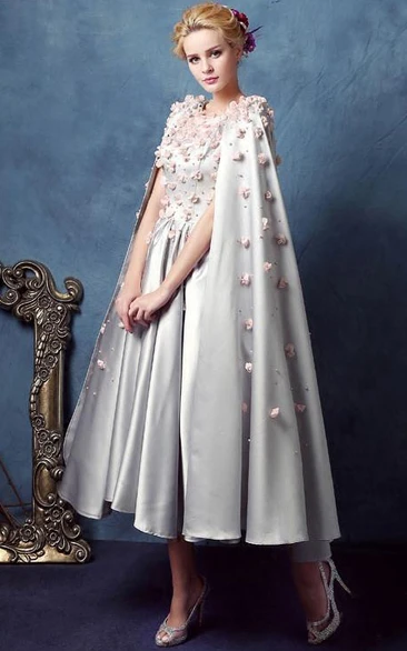 A-Line Scoop Beading Flowers Tea-Length Prom Dress