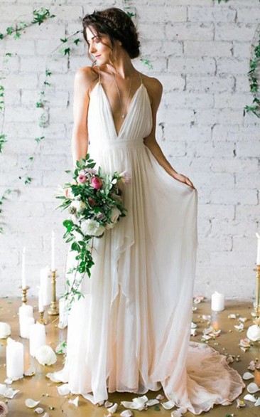 Simple Sexy Plunging V Neck Straps Spaghetti Sheath Chiffon Wedding Dress