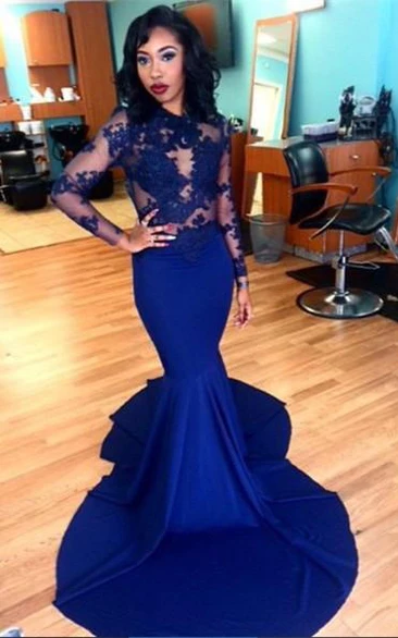 Delicate Royal Blue Lace Appliques Evening Dress Mermaid Long Sleeve