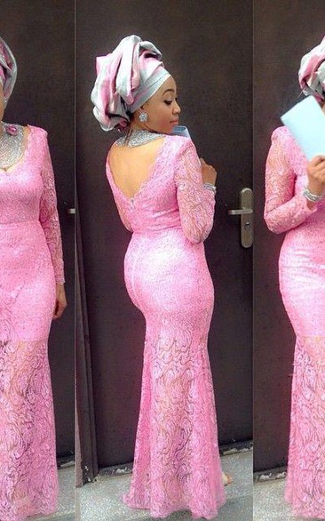 Pink Long Sleeve Lace Mermaid Prom Dress on Sale