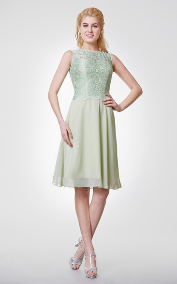 Bateau Neck A-line Chiffon Knee Length Dress With Lace Bodice