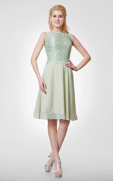 Bateau Neck A-line Chiffon Knee Length Dress With Lace Bodice