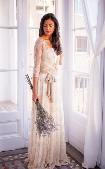 Floor-Length Long Sleeve Lace Weddig Dress