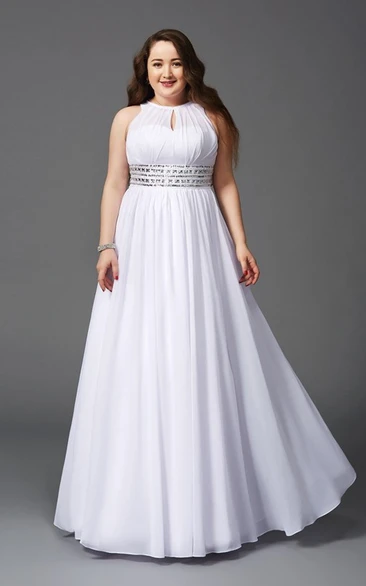 A-line Floor-length High Neck Sleeveless Chiffon Waist Jewellery Pleats Illusion Dress