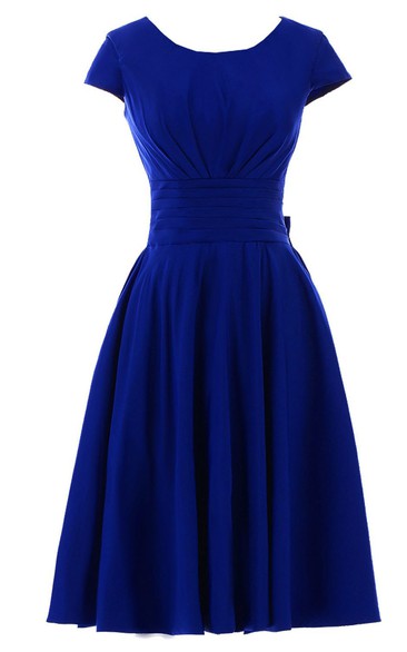 Short Sleeve Knee-length Pleated Chiffon Dress With Bowknot